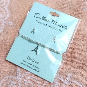 3/$12 Eiffel Tower Bonjour Silver Color Earring Necklace Set 16 in chain